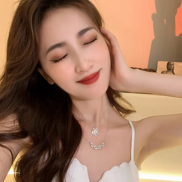 Fashion Four Leaf Clover Titanium Steel Inlay Zircon Pendant Necklace