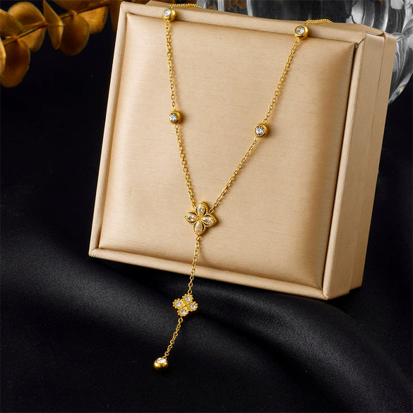 Fashion Four Petal Flower Tassel Chain Pendant Stainless Steel Bracelet Earrings Necklace Suit With Electroplating For Women