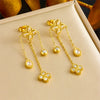 Fashion Four Petal Flower Tassel Chain Pendant Stainless Steel Bracelet Earrings Necklace Suit With Electroplating For Women