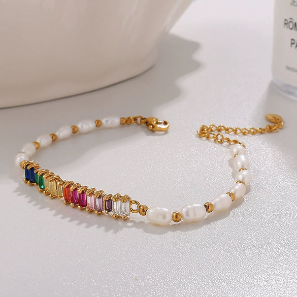 Fashion Freshwater Pearl Beaded Geometric 316L Stainless Steel Bracelet Inlaid Colorful Zircon With Electroplating For Women