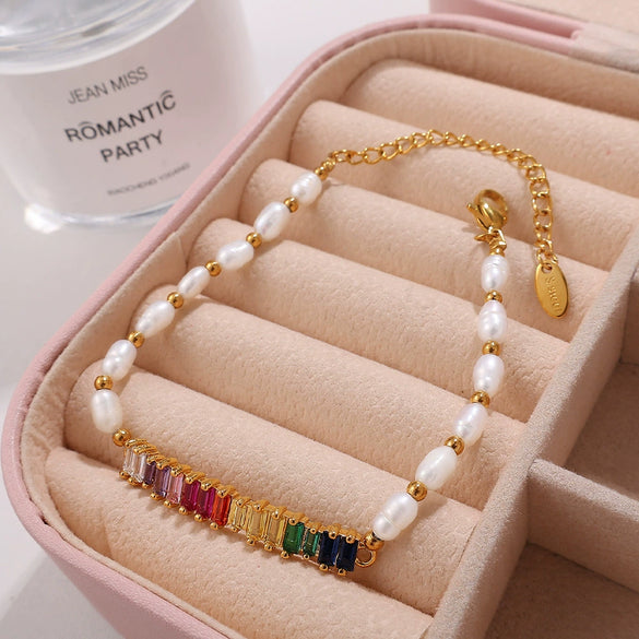 Fashion Freshwater Pearl Beaded Geometric 316L Stainless Steel Bracelet Inlaid Colorful Zircon With Electroplating For Women