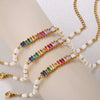 Fashion Freshwater Pearl Beaded Geometric 316L Stainless Steel Bracelet Inlaid Colorful Zircon With Electroplating For Women