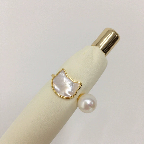 Fashion Freshwater Pearl Sea Shell Cat Ring Natural Copper With Gold Electroplating