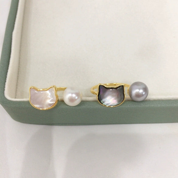 Fashion Freshwater Pearl Sea Shell Cat Ring Natural Copper With Gold Electroplating