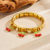 Fashion Fruit Style Stainless Steel Geometric Square Round Bracelet With Cartoon Oil Dripping Simulation Cherry Pendant And Diamondplated Gold Electroplating