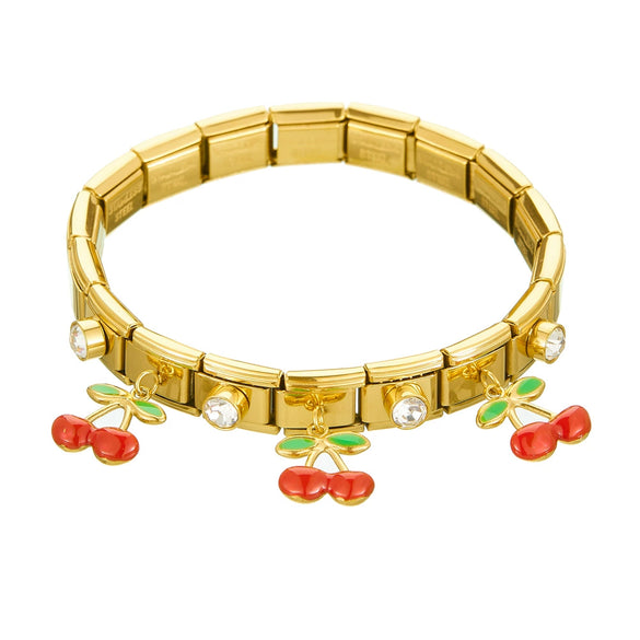 Fashion Fruit Style Stainless Steel Geometric Square Round Bracelet With Cartoon Oil Dripping Simulation Cherry Pendant And Diamondplated Gold Electroplating