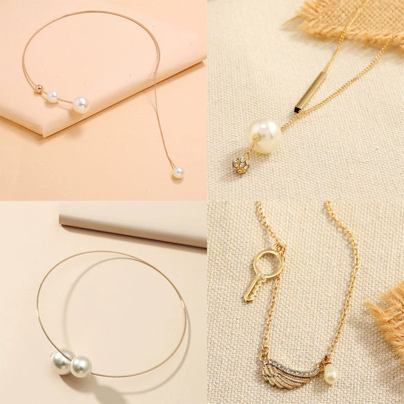 Fashion Geometric Alloy Pearl Collar Necklace Elegant Exaggerated Pendant Jewelry For Women