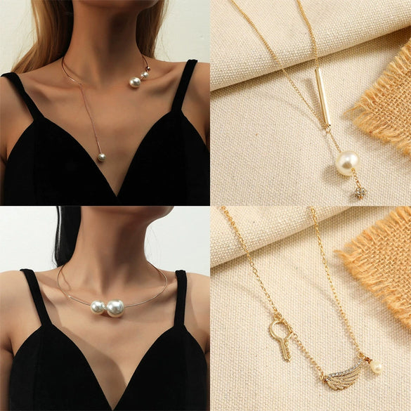 Fashion Geometric Alloy Pearl Collar Necklace Elegant Exaggerated Pendant Jewelry For Women