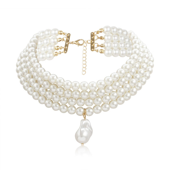 Fashion Geometric Beaded Pearl Necklace With Multilayer Chain And Pearl Shaped Pendant For Women