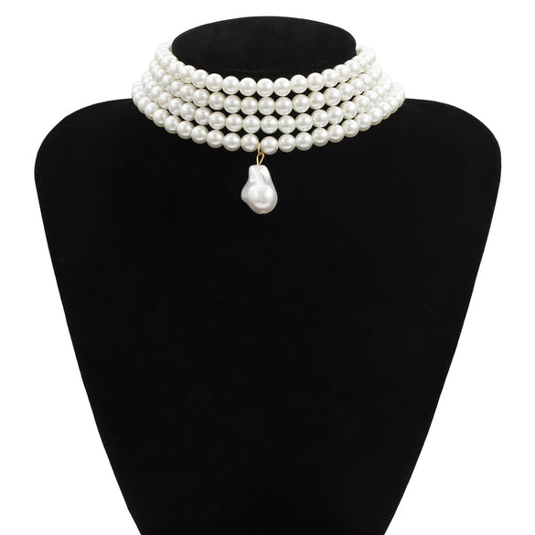 Fashion Geometric Beaded Pearl Necklace With Multilayer Chain And Pearl Shaped Pendant For Women
