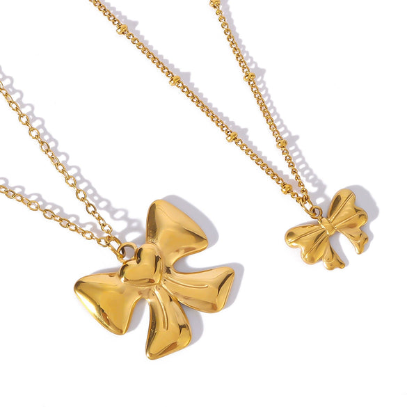 Fashion Geometric Bow Pendant Necklace For Women Stainless Steel With 18K Vacuum Plating In Furnace