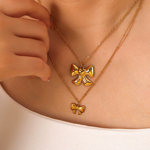 Fashion Geometric Bow Pendant Necklace For Women Stainless Steel With 18K Vacuum Plating In Furnace