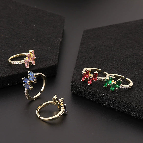 Fashion Geometric Colorful Zircon Open Ring For Women Copper Electroplated Light Luxury Niche Minimalist