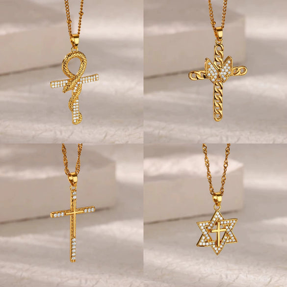 Fashion Geometric Copper Micropaved Zircon Cross Pendant Women's Necklace With Electroplating And Water Wave Chain