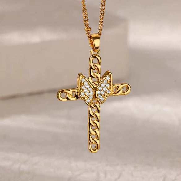 Fashion Geometric Copper Micropaved Zircon Cross Pendant Women's Necklace With Electroplating And Water Wave Chain