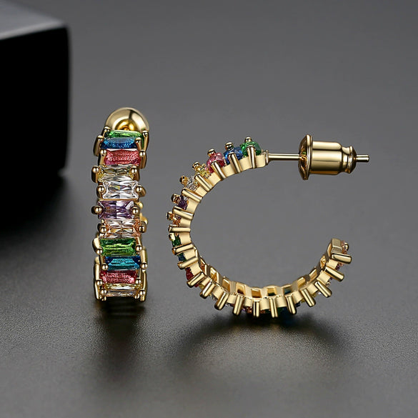 Fashion Geometric Copper Zircon C Shaped Earrings Colorful Electroplated Sweet Jewelry For Women