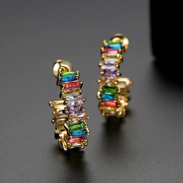 Fashion Geometric Copper Zircon C Shaped Earrings Colorful Electroplated Sweet Jewelry For Women