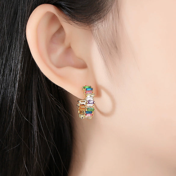 Fashion Geometric Copper Zircon C Shaped Earrings Colorful Electroplated Sweet Jewelry For Women