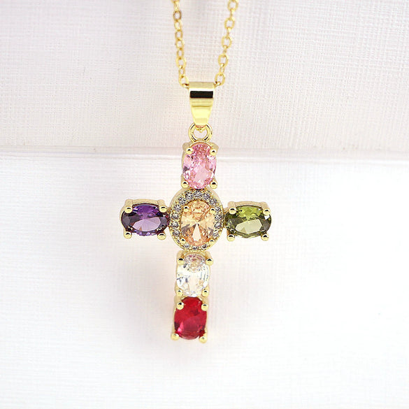 Fashion Geometric Cross Pendant Necklace For Women Copper Plated Gold With Zircon Inlay Water Wave Chain Personality Jewelry