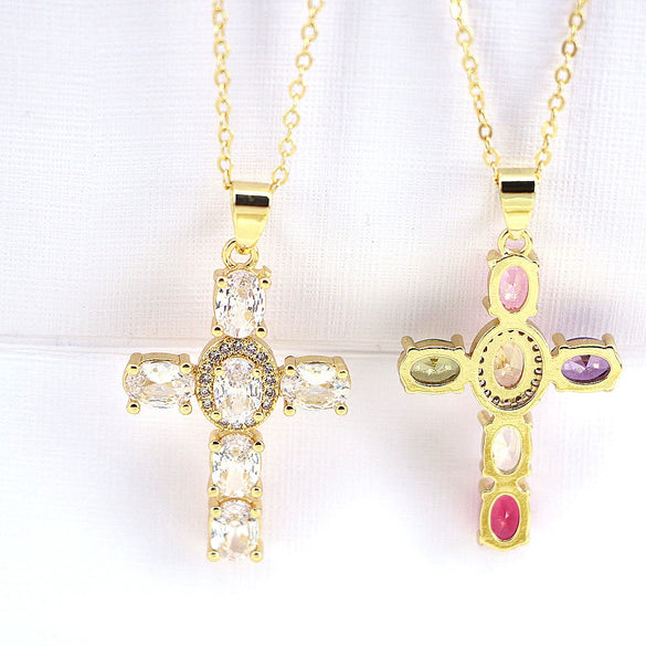 Fashion Geometric Cross Pendant Necklace For Women Copper Plated Gold With Zircon Inlay Water Wave Chain Personality Jewelry