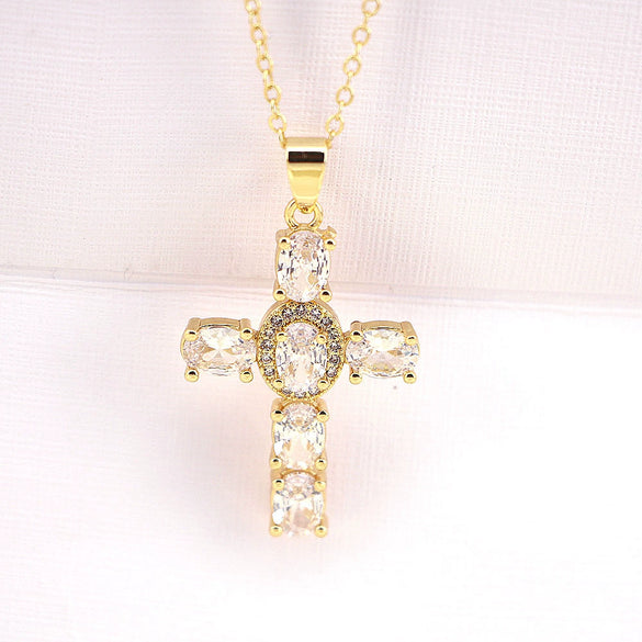 Fashion Geometric Cross Pendant Necklace For Women Copper Plated Gold With Zircon Inlay Water Wave Chain Personality Jewelry
