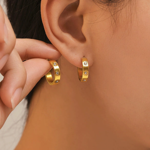 Fashion Geometric Cshaped Inlaid Zircon Titanium Steel Earrings 18K Gold Plated