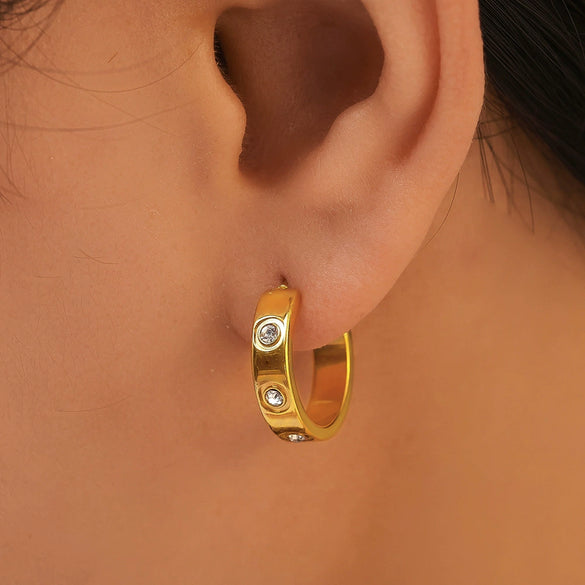 Fashion Geometric Cshaped Inlaid Zircon Titanium Steel Earrings 18K Gold Plated