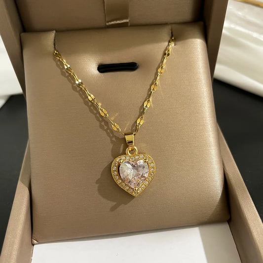Fashion Geometric Heart Shape Stainless Steel Pendant Necklace Chain Diamond Stainless Steel Necklaces