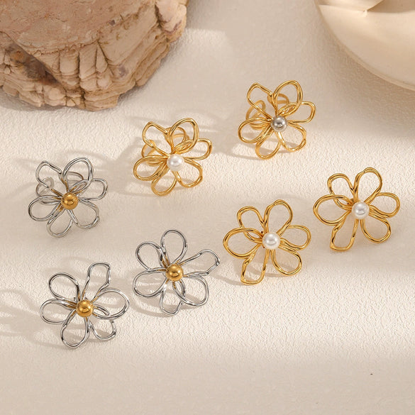 Fashion Geometric Hollow Line Flower Stainless Steel And Titanium Steel Earrings With Electroplating For Women