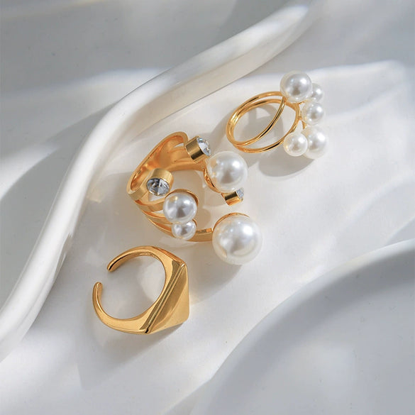 Fashion Geometric Pearl Exaggerated Opening Ring Stainless Steel Gold Plated Jewelry