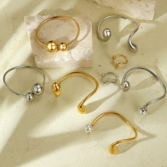 Fashion Geometric Stainless Steel Irregular Round Water Drop Electroplated Bracelet Ring Suit
