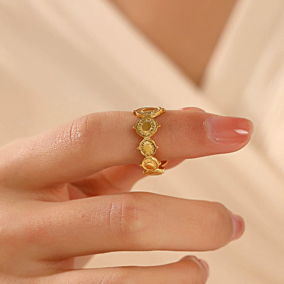 Fashion Geometric Stainless Steel Opening Adjustable Ring For Women With 18K Real Gold Electroplating