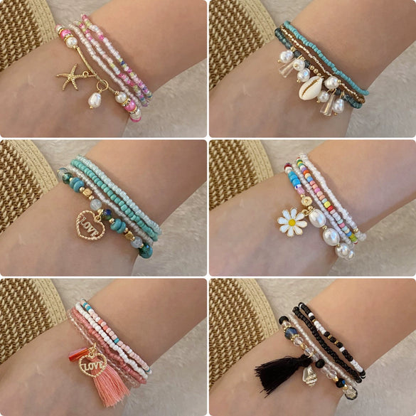 Fashion Glass Rice Bead Daisy Handmade Combination Bracelet For Women