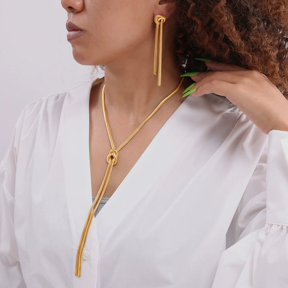 Fashion Gold Knotted Tassel Snake Chain Long Necklace Earrings Set Titanium Steel Electroplated