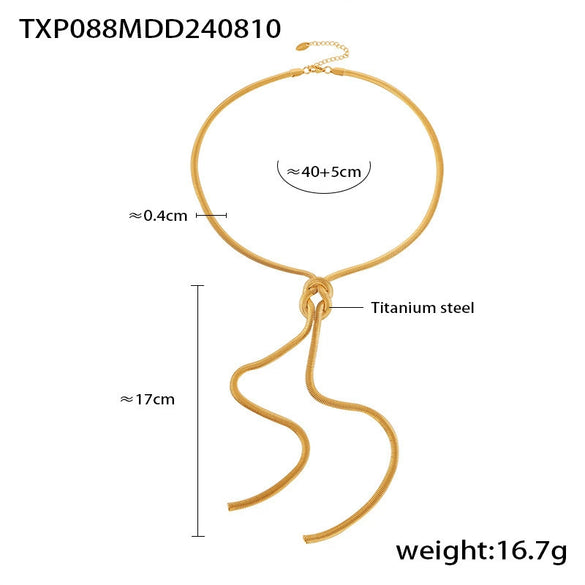 Fashion Gold Knotted Tassel Snake Chain Long Necklace Earrings Set 316L Stainless Steel Electroplated