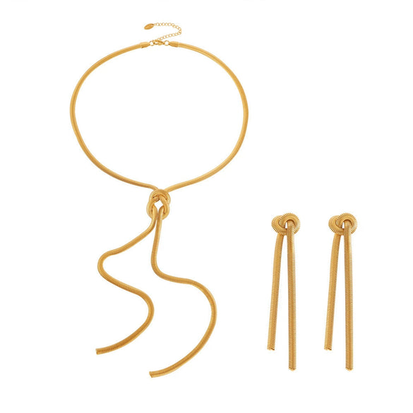 Fashion Gold Knotted Tassel Snake Chain Long Necklace Earrings Set 316L Stainless Steel Electroplated