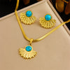 Fashion Gold Plated Retro Love Fanshaped Stainless Steel Pendant Earrings Necklace Suit With Snake Bone Chain And Love Water Drops Bells Pattern