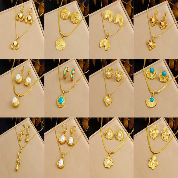 Fashion Gold Plated Retro Love Fanshaped Stainless Steel Pendant Earrings Necklace Suit With Snake Bone Chain And Love Water Drops Bells Pattern