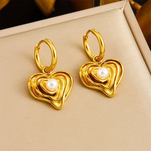Fashion Gold Plated Retro Love Fanshaped Stainless Steel Pendant Earrings Necklace Suit With Snake Bone Chain And Love Water Drops Bells Pattern