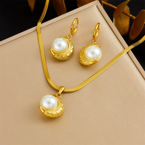 Fashion Gold Plated Retro Love Fanshaped Stainless Steel Pendant Earrings Necklace Suit With Snake Bone Chain And Love Water Drops Bells Pattern