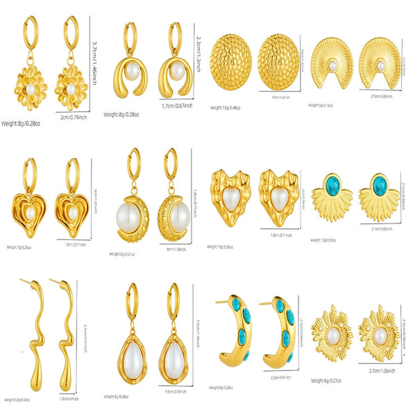 Fashion Gold Plated Retro Love Fanshaped Stainless Steel Pendant Earrings Necklace Suit With Snake Bone Chain And Love Water Drops Bells Pattern