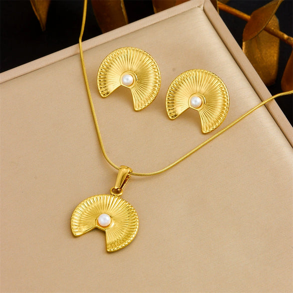 Fashion Gold Plated Retro Love Fanshaped Stainless Steel Pendant Earrings Necklace Suit With Snake Bone Chain And Love Water Drops Bells Pattern