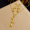 Fashion Gold Plated Retro Love Fanshaped Stainless Steel Pendant Earrings Necklace Suit With Snake Bone Chain And Love Water Drops Bells Pattern