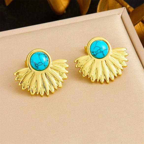 Fashion Gold Plated Retro Love Fanshaped Stainless Steel Pendant Earrings Necklace Suit With Snake Bone Chain And Love Water Drops Bells Pattern