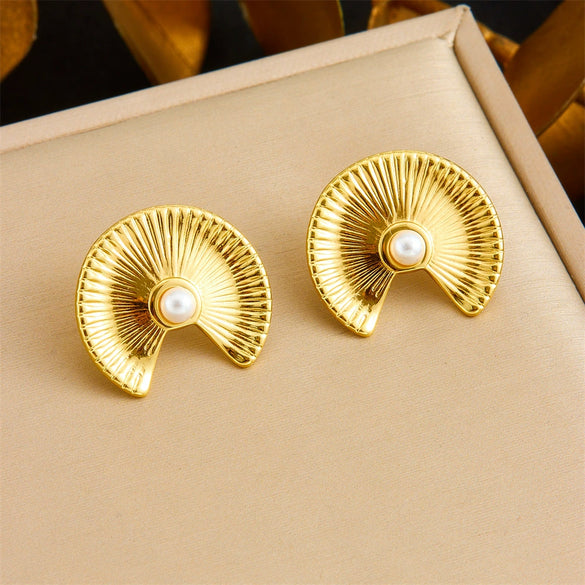 Fashion Gold Plated Retro Love Fanshaped Stainless Steel Pendant Earrings Necklace Suit With Snake Bone Chain And Love Water Drops Bells Pattern