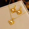 Fashion Gold Plated Retro Love Fanshaped Stainless Steel Pendant Earrings Necklace Suit With Snake Bone Chain And Love Water Drops Bells Pattern