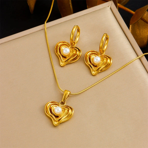 Fashion Gold Plated Retro Love Fanshaped Stainless Steel Pendant Earrings Necklace Suit With Snake Bone Chain And Love Water Drops Bells Pattern