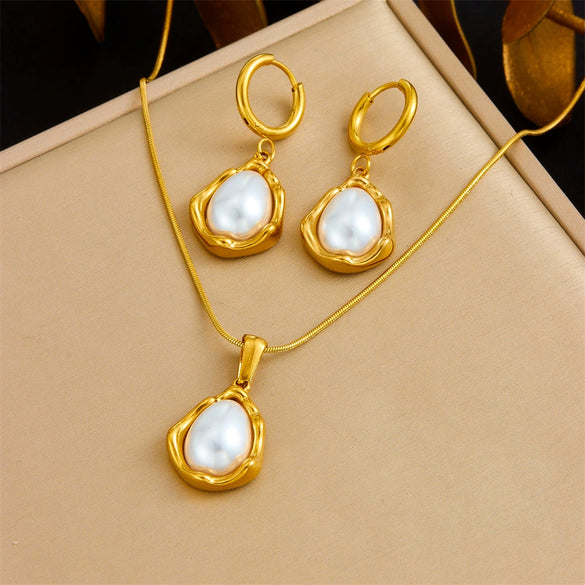 Fashion Gold Plated Retro Love Fanshaped Stainless Steel Pendant Earrings Necklace Suit With Snake Bone Chain And Love Water Drops Bells Pattern