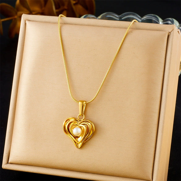 Fashion Gold Plated Retro Love Fanshaped Stainless Steel Pendant Earrings Necklace Suit With Snake Bone Chain And Love Water Drops Bells Pattern