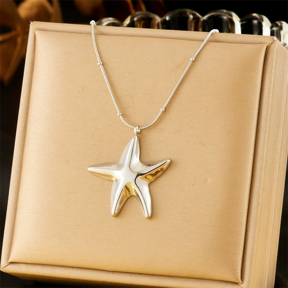 Fashion Gold Plated Stainless Steel Hollow Starfish Pendant Snake Chain Vacuum Plated Jewelry Necklace For Women